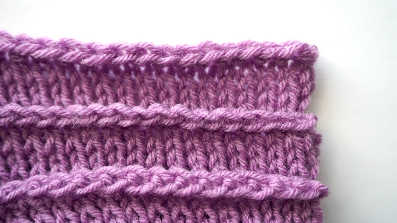 Three knitting swatches showing different types of stretchy bind-offs