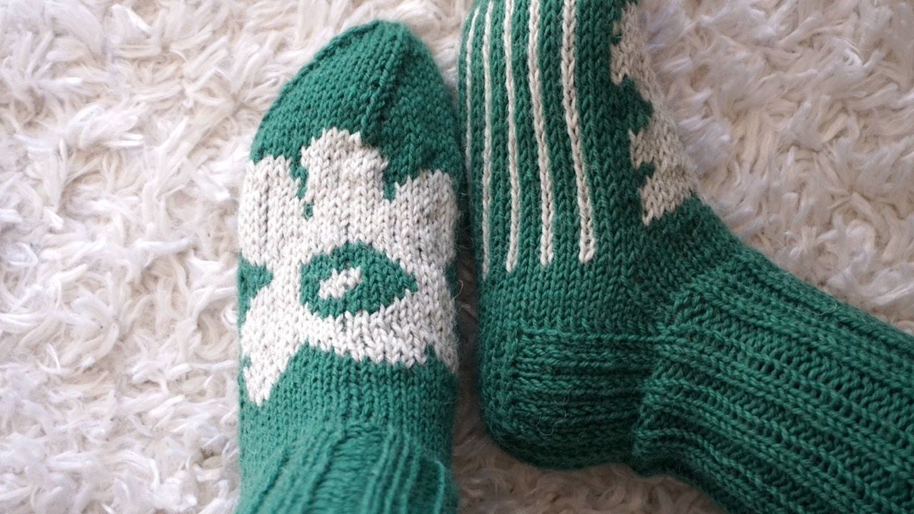 Feet wearing dark green knitted socks with light gray unikko knitting pattern